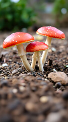 Canvas Print - three red mushrooms growing the ground