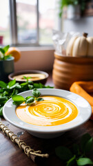 Canvas Print - bowl creamy yellow soup with green garnishes