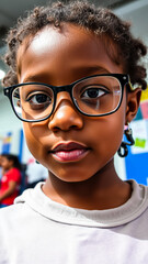 Sticker - young girl with curly hair glasses stares thoughtfully at the camera