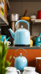 Wall Mural - blue enamel kettle on a kitchen counter