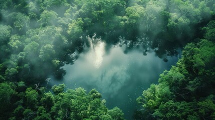 Poster - Aerial View of a Serene Lake in a Lush Forest