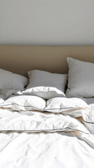 Sticker - crisp white bedding with black trim on a tan headboard