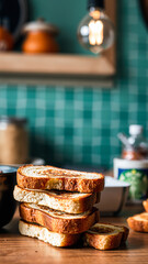 Poster - stack toasted bread slices on a wooden surface