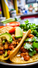 Sticker - close- two tortillas filled with meat tomato avocado cilantro