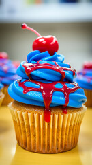 Poster - single cupcake with blue frosting red cherry drizzled red sauce