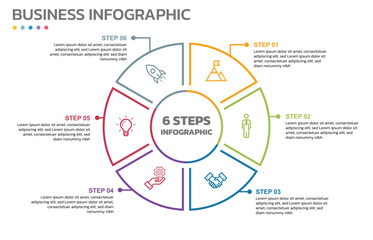 Poster - Visual data presentation. Cycle diagram with 6 options. Pie Chart Circle thin line infographic template with 6 steps, options, parts, segments. Business concept. Marketing infographic outline style.