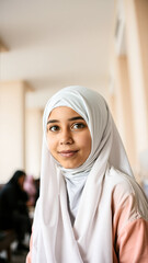 Wall Mural - young woman a white headscarf smiles at the camera