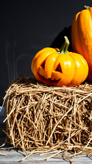 Canvas Print - happy pumpkin rests on a bed straw