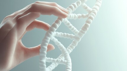 A human hand delicately holds a 3D model of DNA, symbolizing genetics, bioengineering, and scientific discovery.