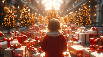 Wall Mural - Child Looking at Christmas Presents Under Tree with Lights