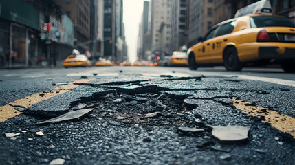 Sticker - Broken Asphalt on a City Street Highlighting Severe Damage  -