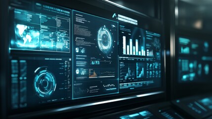 Wall Mural - futuristic data dashboard interface displaying various analytics, graphs, and digital metrics in a h