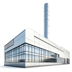 Wall Mural - A modern factory exterior with sleek lines, industrial element, photorealistic style, metallic finish, isolated on white background 