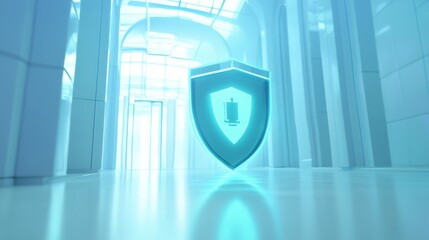 Futuristic shield symbolizing security in a digital environment, emphasizing protection and safety in modern architecture.