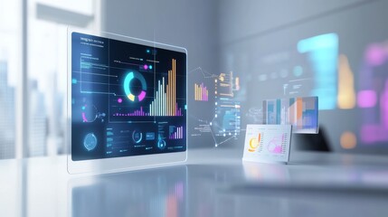 Futuristic workspace with digital screens displaying colorful data visualizations and analytics for modern business insights.