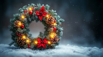 Wall Mural - Christmas Wreath with Pine Cones and Lights on Snowy Background