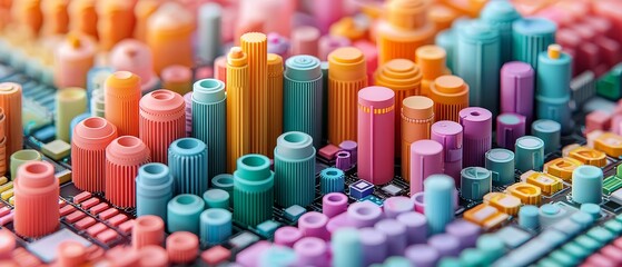 Vibrant cityscape of colorful cylinders and geometric shapes representing data visualization and urban design trends