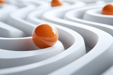 3d cartoon illustration of spheres rolling through a minimalistic pathway, with a focus on a single orange ball amidst twisting loops   
