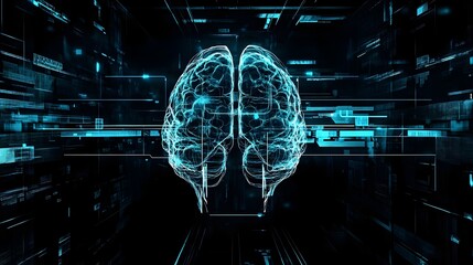 Canvas Print - Neon blue glowing futuristic brain scan technology