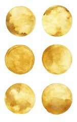 Wall Mural - six watercolor circles in a golden yellow color with a white background.