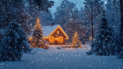 Canvas Print - Frosted evergreen trees surrounding a warmly lit cottage, snow falling lightly, dusk sky blending into evening, wide shot from the forest edge, holiday lights peeking through the trees.  