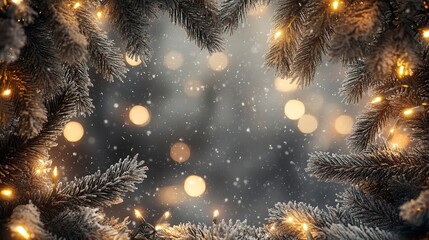 Wall Mural - Snow-dusted pine branches and glowing Christmas lights forming a natural frame, soft snowfall in the background, warm bokeh effect, wide shot, gentle holiday warmth. 