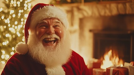 Wall Mural - Santa Claus laughing heartily, wide shot in front of a cozy fireplace, soft warm lighting, Christmas tree twinkling behind him, presents scattered around, festive and joyful mood.  