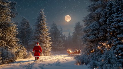 Wall Mural - Santa Claus walking through a snowy forest, wide-angle shot with pine trees towering around, soft moonlight casting shadows, sleigh parked nearby, warm festive glow in the distance. 