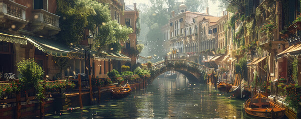 Italian Canal with Gondolas and Bridge