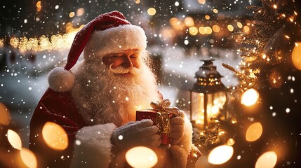 Wall Mural - Santa Claus surrounded by twinkling lights and pine branches, holding a gift, wide-angle close-up with snow falling gently, warm glow from nearby lanterns, cozy and cheerful holiday scene.  