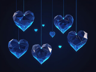 abstract hanging blue hearts. valentines day concept with glowing low poly hearts. futuristic modern