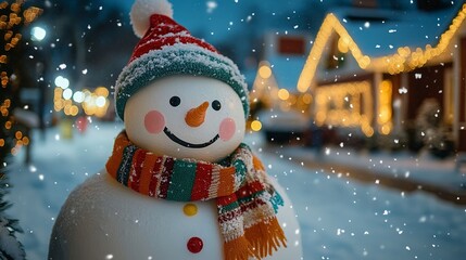 Wall Mural - Snowman wearing a colorful scarf and hat, wide-angle close-up with soft focus, snowflakes falling, holiday lights twinkling in the background, warm glow from nearby houses, festive winter scene.  