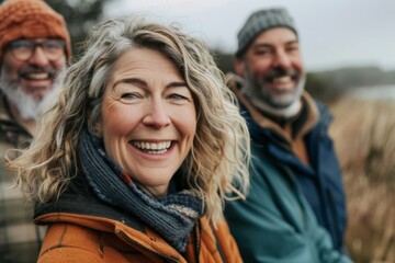 Portrait of a happy senior couple in autumn clothes in the countryside