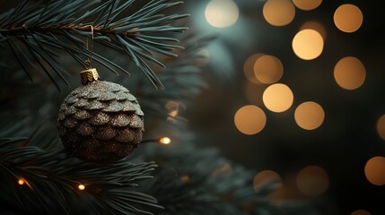 Wall Mural - Frosted pine needles in macro view, glowing ornaments hanging softly in the blurred background, warm holiday lights creating a festive bokeh, detailed and intimate holiday mood. 