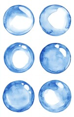 Wall Mural - six watercolor blue bubbles in a row, perfect for adding a touch of whimsy to your projects.