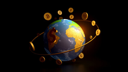 Globe with Orbiting Currency Symbols Showing Shift in Global Trade Power