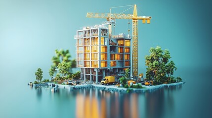 A detailed construction site model featuring a crane, modern building, and greenery on a serene water backdrop.