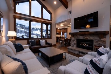 Cozy Living Room with Stone Fireplace and Comfortable Couch