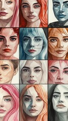 A watercolor painting style punk album cover featuring several faces of transgender women of different ages and races, using pink, white, and baby blue colors.