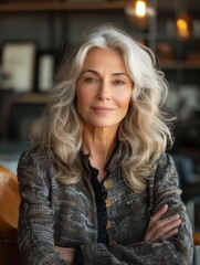 Elegant mature woman with long gray hair posing confidently in a cozy café. Generative AI