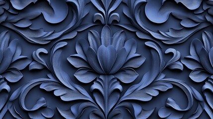 Wall Mural - A detailed blue floral relief pattern, showcasing intricate designs and textures.