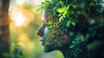 Wall Mural - Double exposure of young woman with green leaves in her hair in the forest