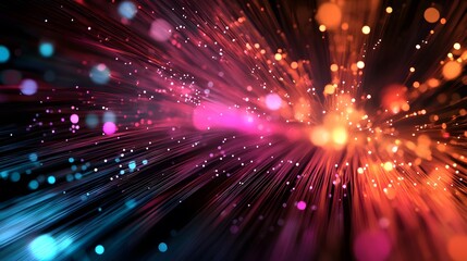optical fibres dinamic flying from deep on technology background. 