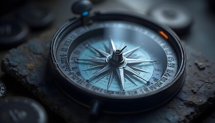 A bright glowing compass with a blue tone and a blue background.