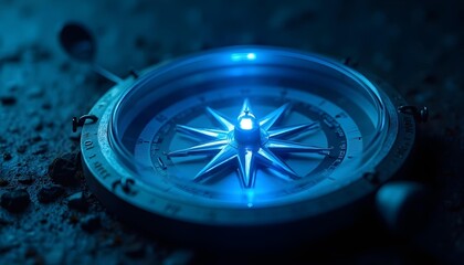 A bright glowing compass with a blue tone and a blue background.