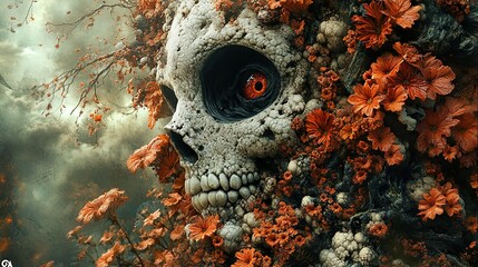 Canvas Print - Surreal Skull and Flowers: A Dark Fantasy Artwork