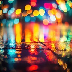 Wall Mural - Vibrant nighttime reflection with colorful bokeh lights creating a dreamy atmosphere on a wet surface.