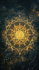 Wall Mural - Intricate golden mandala design set against a dark cosmic background, radiating an aura of peace and harmony.