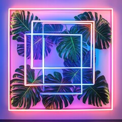 Sticker - Vibrant neon lights frame lush tropical leaves, creating a stunning visual contrast perfect for modern decor and artistic setups.