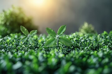 Fresh green plants thriving in a lush environment under soft sunlight.